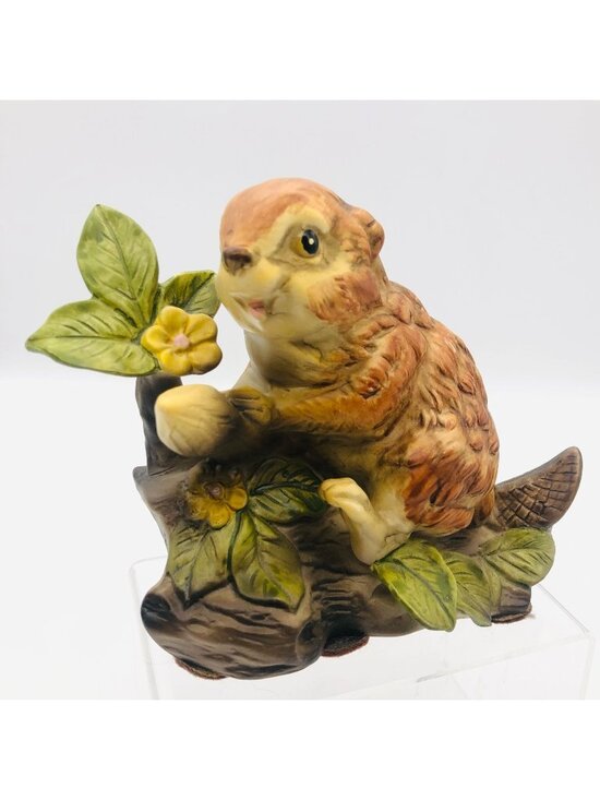 Other - Vintage Hand-Painted Porcelain Beaver Figurine on Tree Flowers 5"